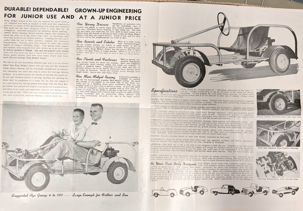 Black white text and images in a two page spread in a brochure for the Junior model. Images show a man and boy sitting in the car, the car without anyone in it, close ups of the wheels, back, and engine, and illustrations of how one could design over the car shell.