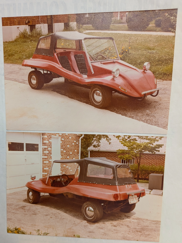Two faded color images of the Commuter car. The top image has a 3/4 view of the car with the front of the car visible, the lower photograph has the the back of the car visible.