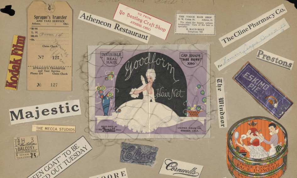 Scrapbook page with a hairnet and label attached alongside additional product labels, headlines, and clippings.