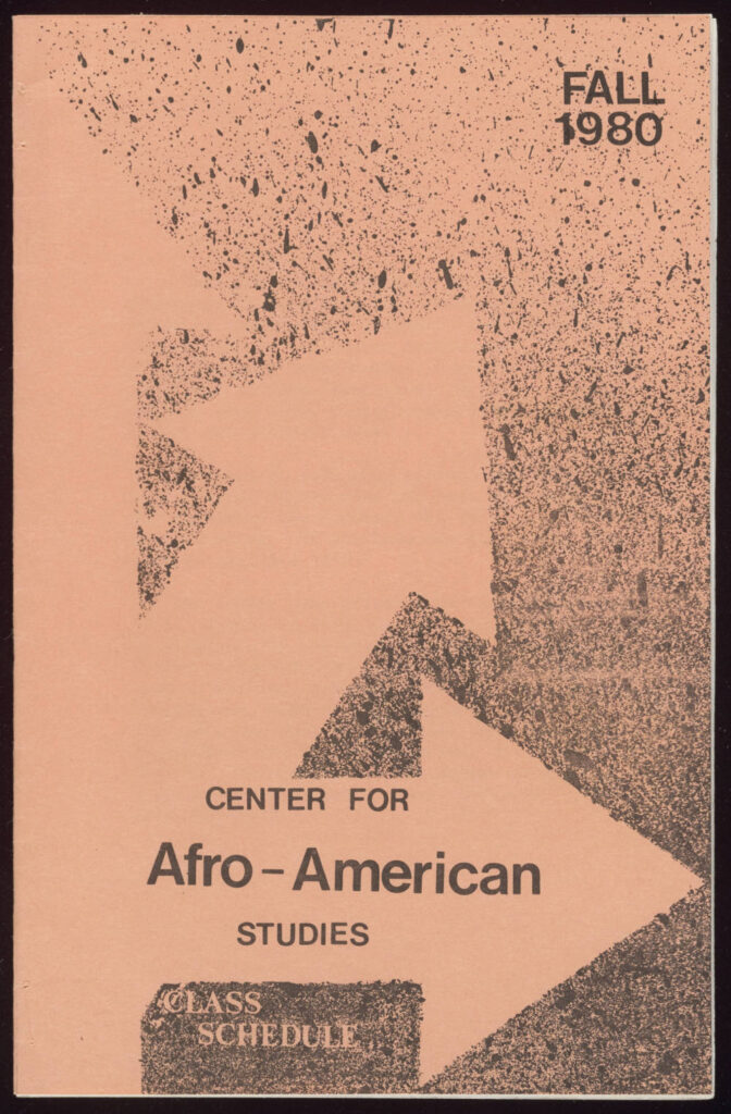 Photocopied cover of Center Afro-American Affairs class schedule on peach-colored paper with printed title and background featuring splatter-painted arrow design.