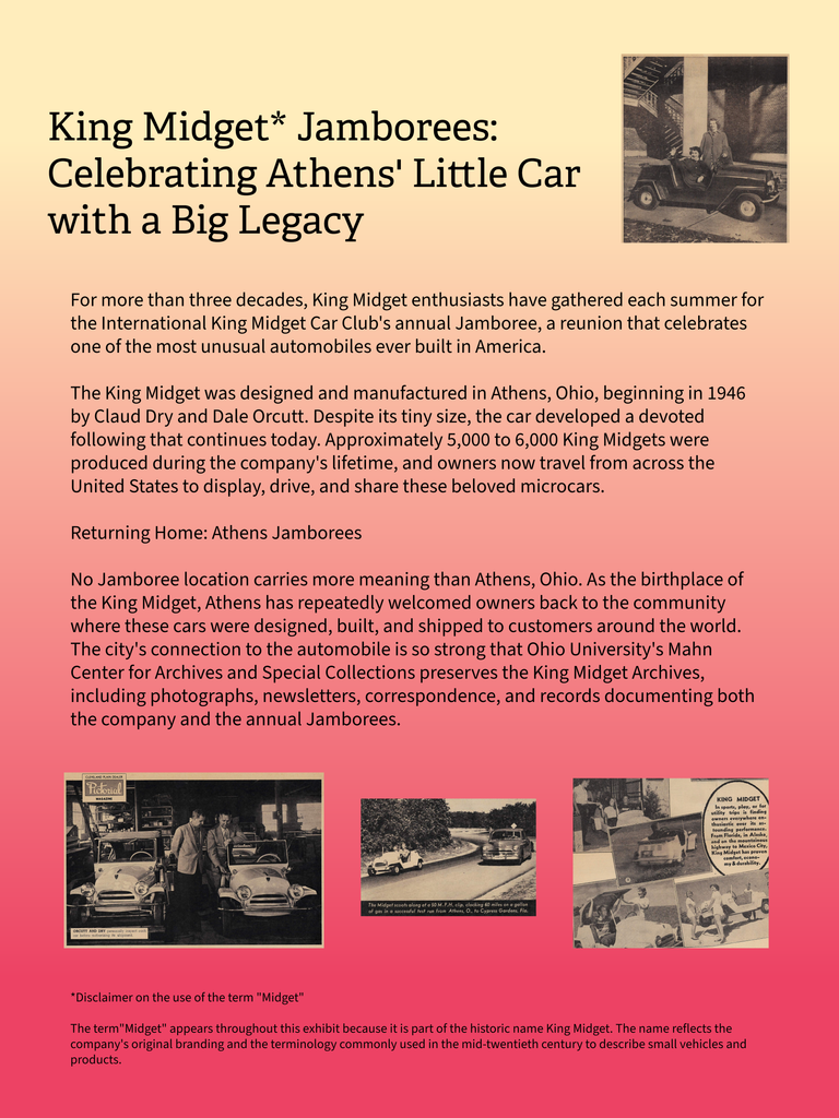 An exhibit poster about the King Midget jamborees with four black and white historic images of the King Midget car, black text on a yellow and red background.