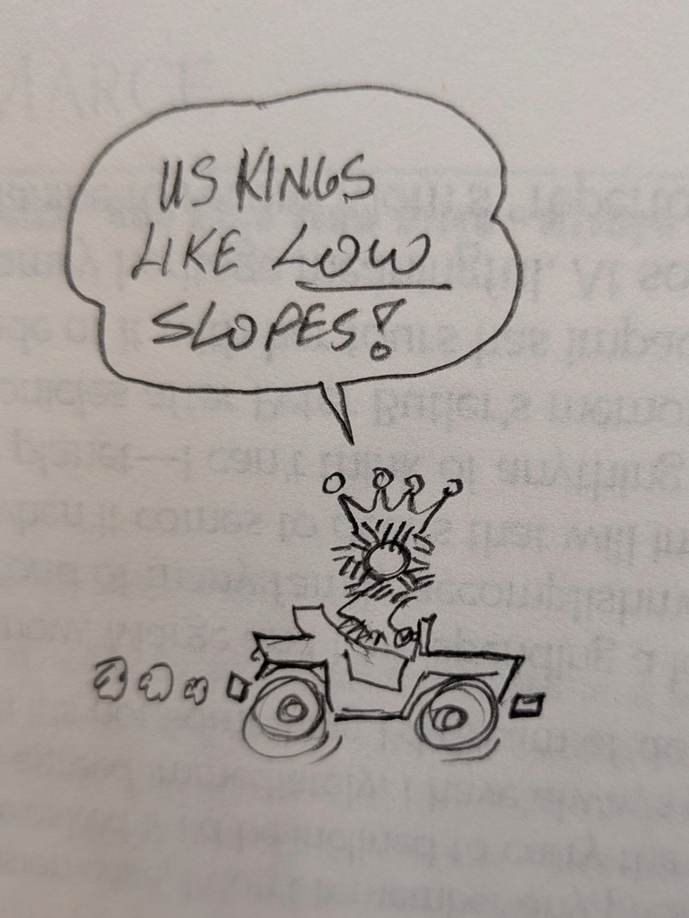 A cartoon person wearing a crown driving a King Midget car is seen from the side with a speach balloon saying "Us kings like low slopes!".