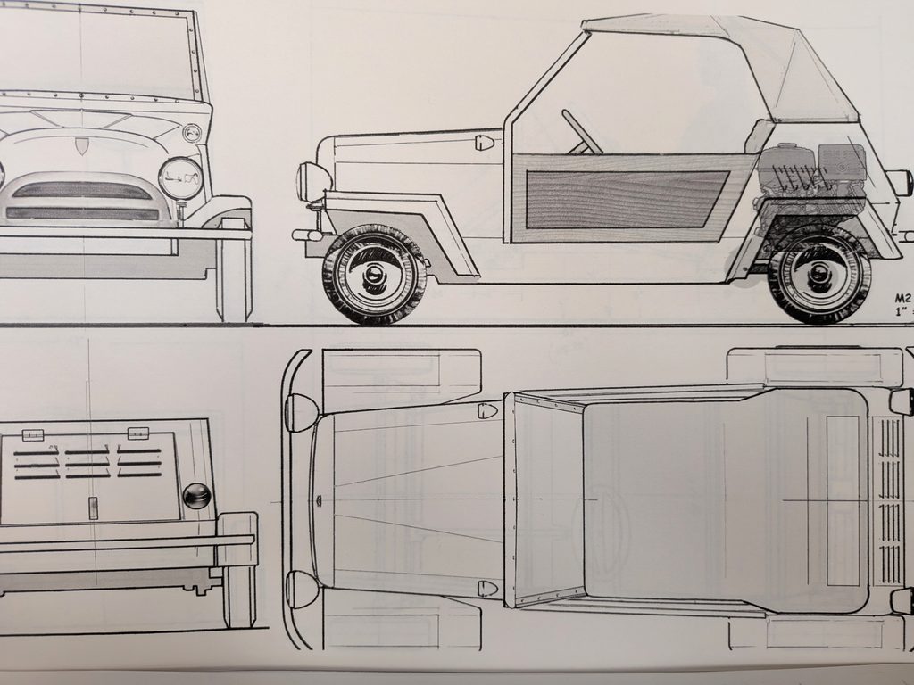 A black and white drawing of a King Midget model 2 with wood panel door seen from the front, side, rear and top.